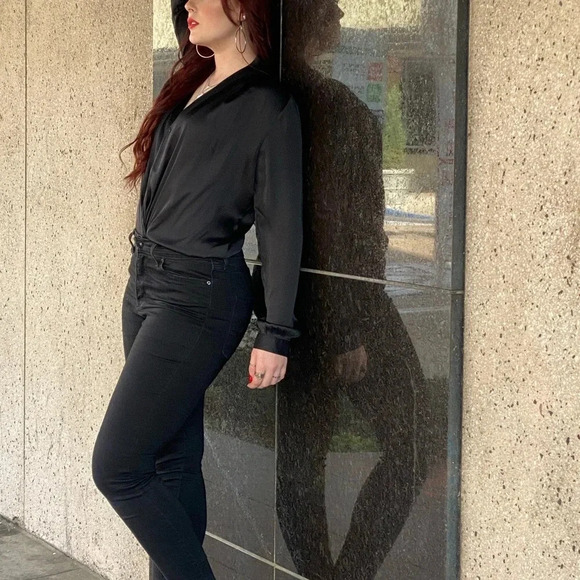 Reset Tops - Reset Black Long-Sleeve Sheer Blouse Bodysuit Size Medium